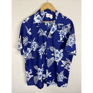 Vintage Island Fashions Hawaiian Shirt Mens L Blue Floral Made Hawaii USA